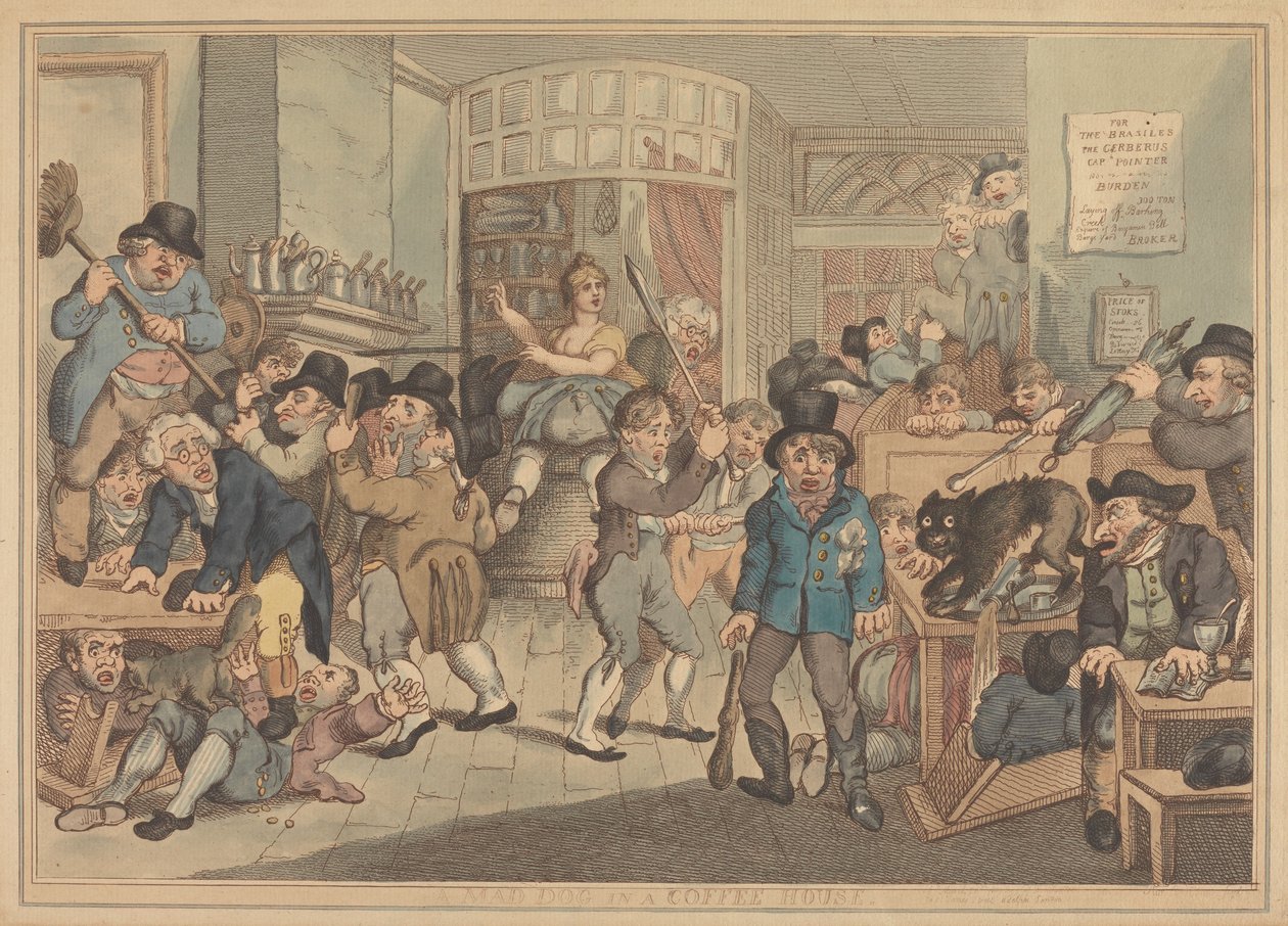 Un cane rabbioso in una caffetteria da Thomas Rowlandson