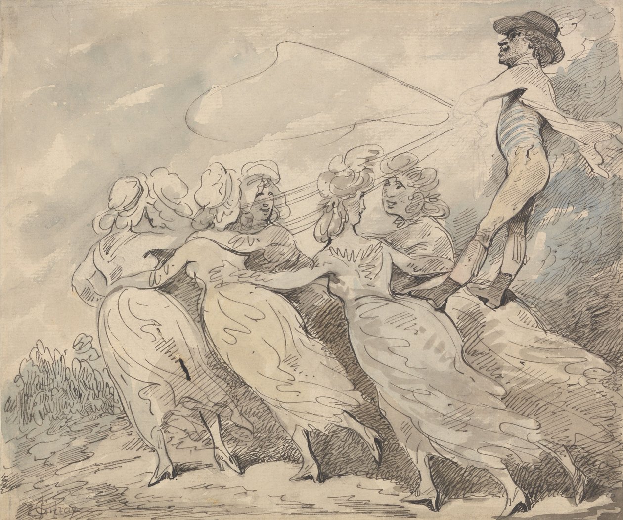 Un uomo alla guida di una squadra composta da sei ragazze da Thomas Rowlandson