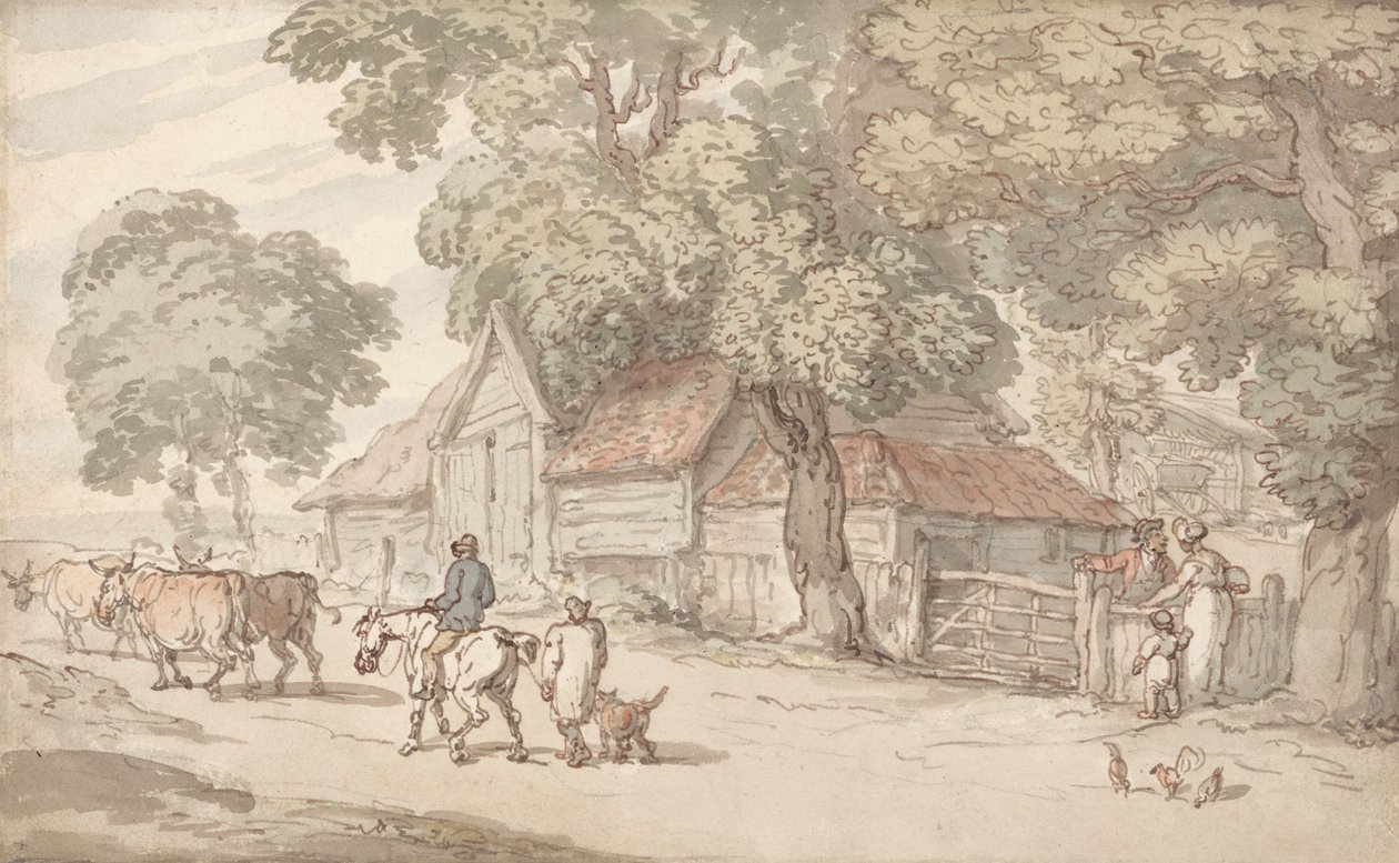 Una strada che costeggia una fattoria da Thomas Rowlandson