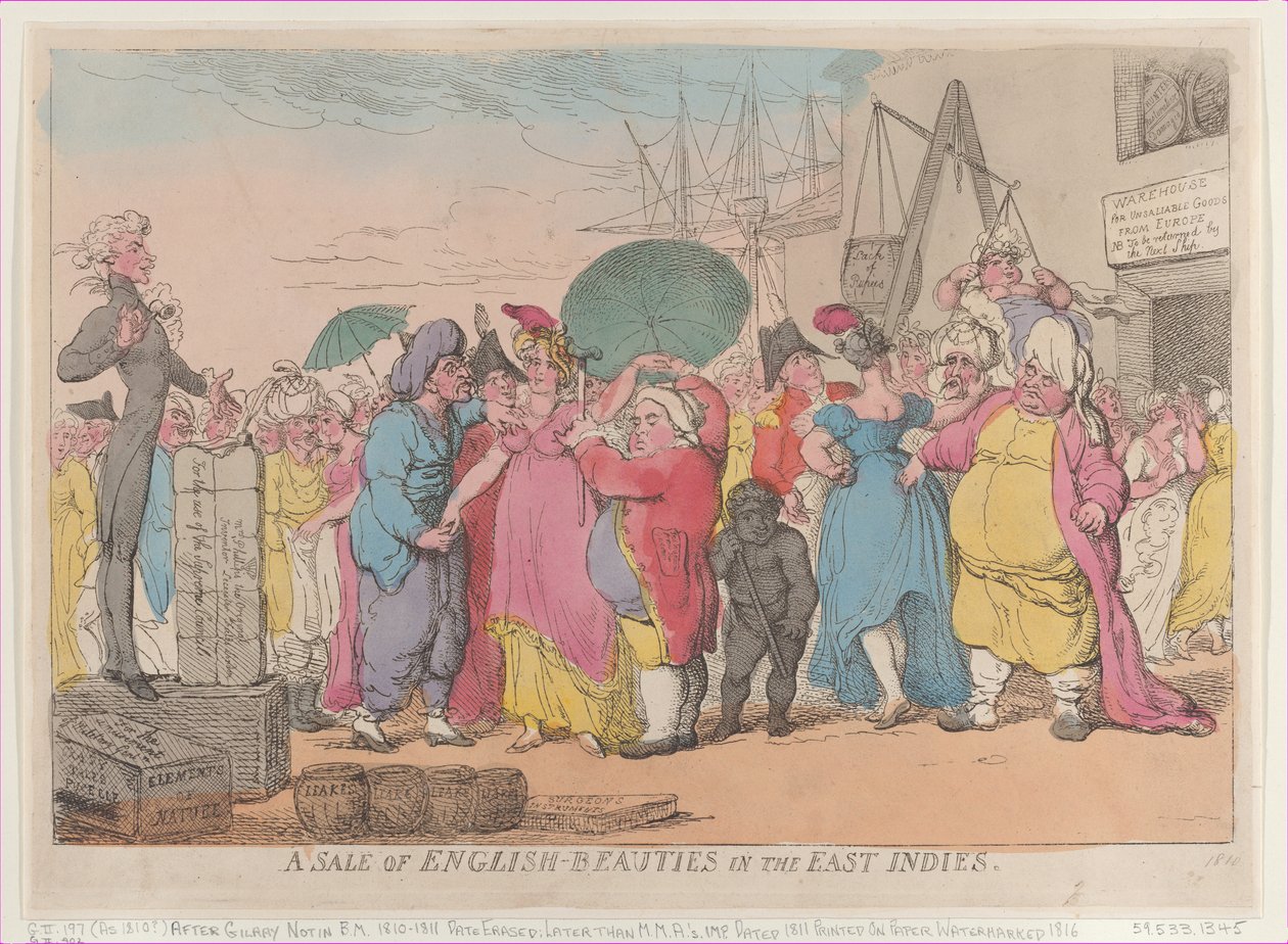 Una vendita di bellezze inglesi nelle Indie orientali, ristampa da Thomas Rowlandson