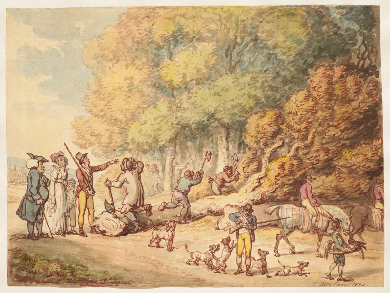 Un cacciatore con la famiglia impartisce istruzioni a boscaioli per tagliare un albero abbattuto da Thomas Rowlandson