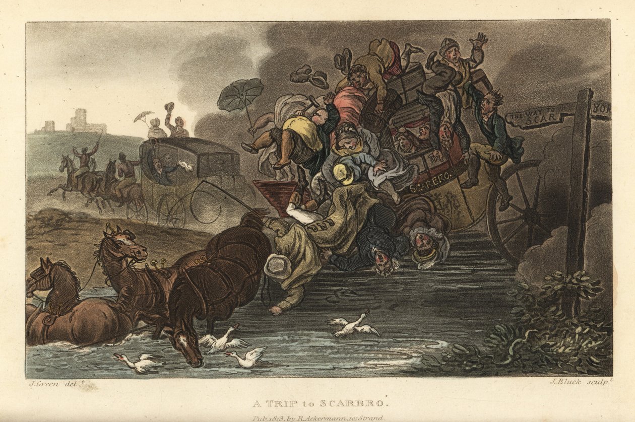 Eine Reise nach Scarborough: Ein überladener Kutschwagen mit Gepäck und Passagieren fährt in einen Teich. Handkolorierte Kupferstichgravur von Thomas Rowlandson, Aquatinta von J. Bluck, nach einer Skizze von J. Green aus Poetical Sketches of Scarborough, A von Thomas Rowlandson
