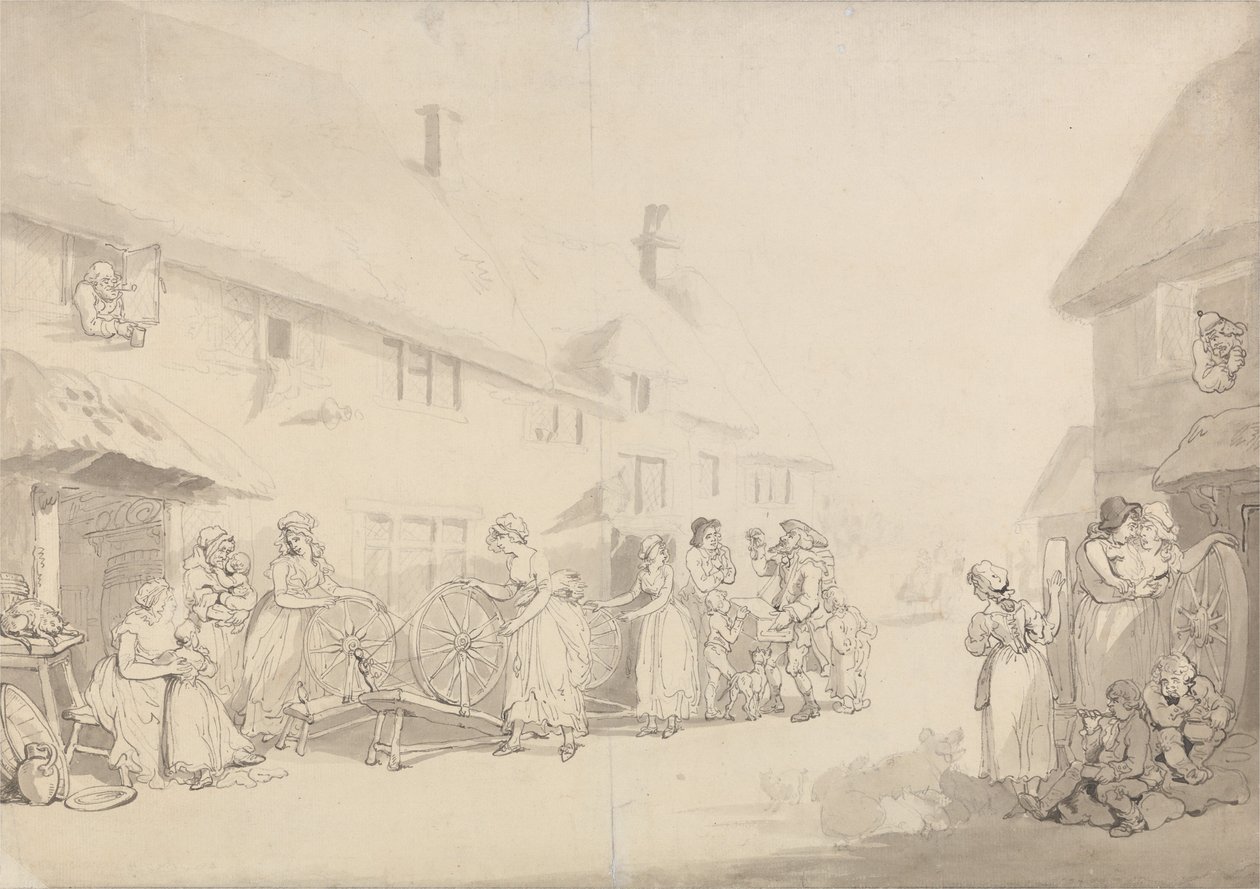 Una scena di paese con ragazze intente a filare da Thomas Rowlandson