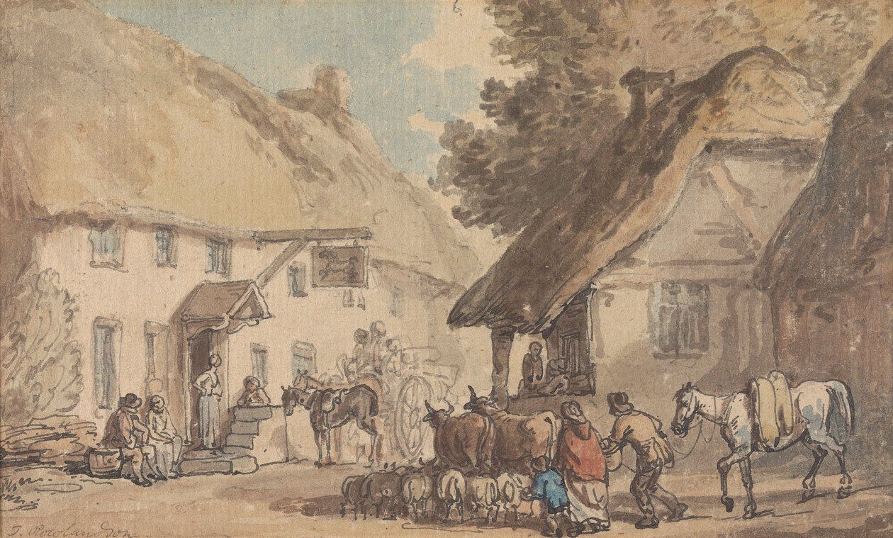 Una strada di paese percorsa da un gregge di bovini e ovini da Thomas Rowlandson