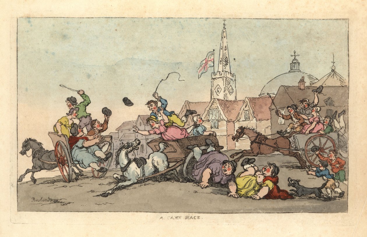 Corsa di carri in una città inglese con un incidente in primo piano da Thomas Rowlandson