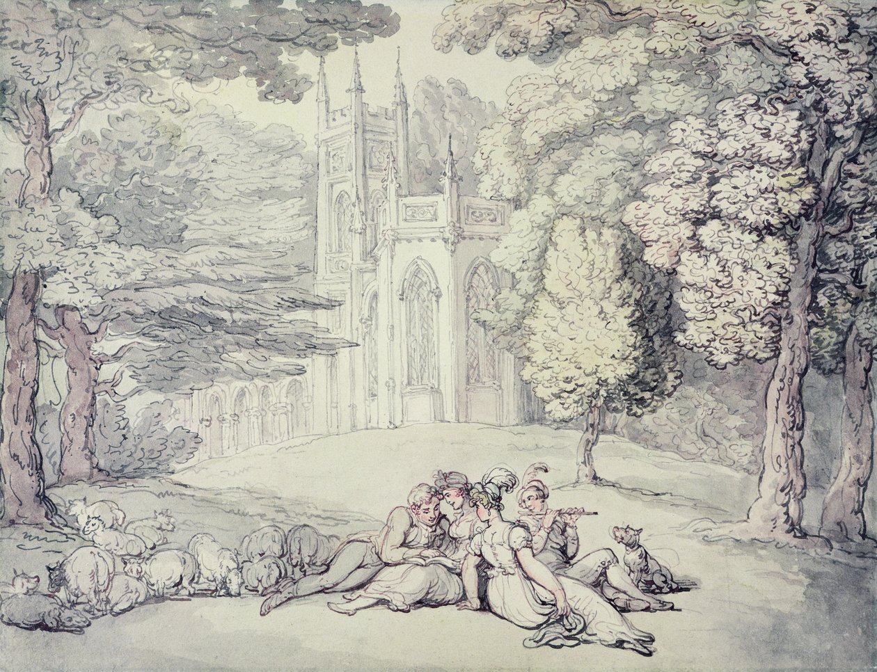 Un prato del college con un gruppo di fanciulle e giovani gentiluomini in primo piano da Thomas Rowlandson