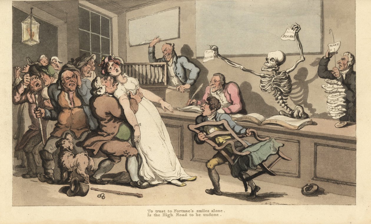 Una donna muore di shock alla vista di un foglio bianco brandito dallo scheletro della Morte in un ufficio della lotteria da Thomas Rowlandson