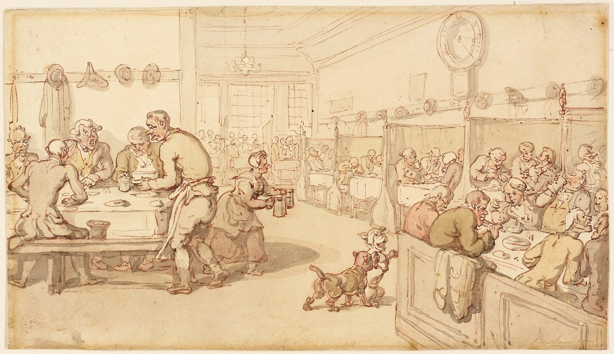 At an Old English Eating House (penna e inchiostro rosso con pennello e acquerello su grafite, su carta vergata color crema) da Thomas Rowlandson