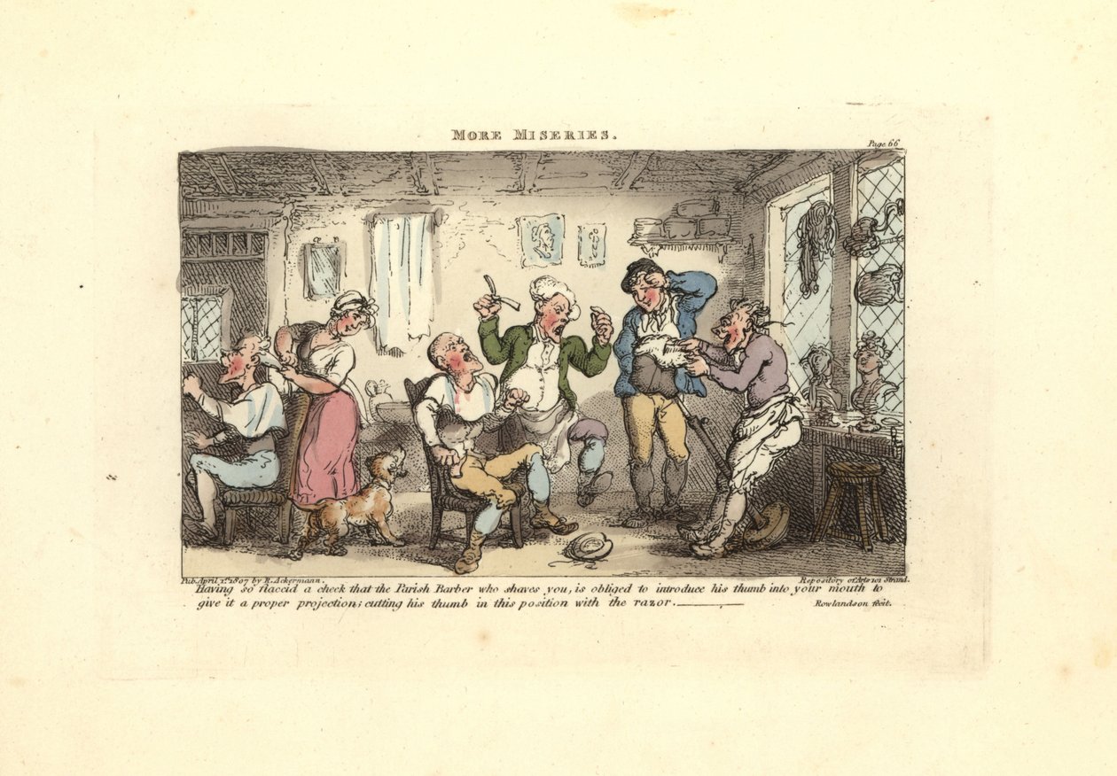 Barbiere che si taglia il pollice cercando di radere un cliente da Thomas Rowlandson