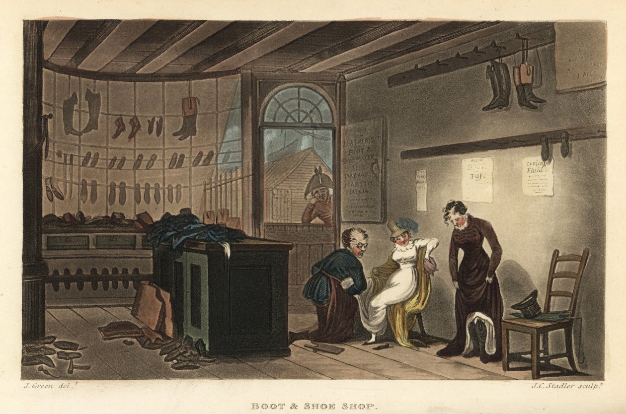 Negozio di scarpe e stivali: donne clienti che provano scarpe e stivali dal calzolaio di Leatherhead da Thomas Rowlandson