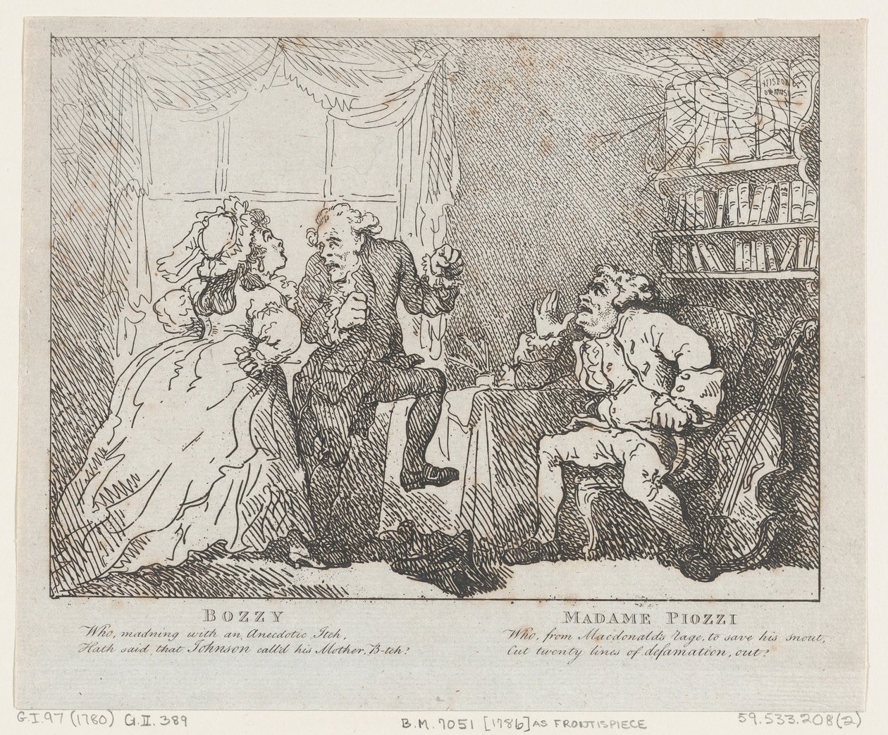 Frontespizio di Bozzy e Madame Piozzi, Bozzy e Piozzi di Peter Pindar, 1780-86 da Thomas Rowlandson