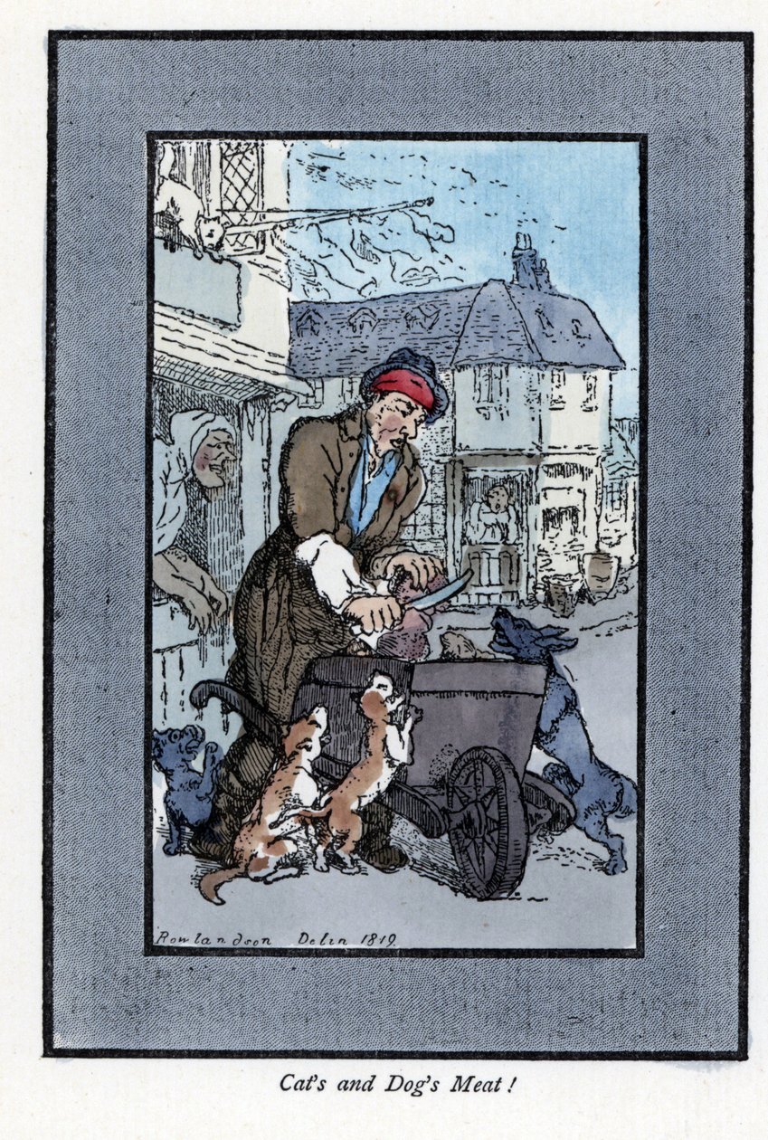 Macellaio itinerante che taglia un pezzo di carne, mentre cani e gatti attaccano la ruota della sua carriola. Incisione su legno, basata su un dipinto di Thomas Rowlandson (1756-1827), pubblicata in The Cris of London: con sei bambini affascinanti e quasi  da Thomas Rowlandson