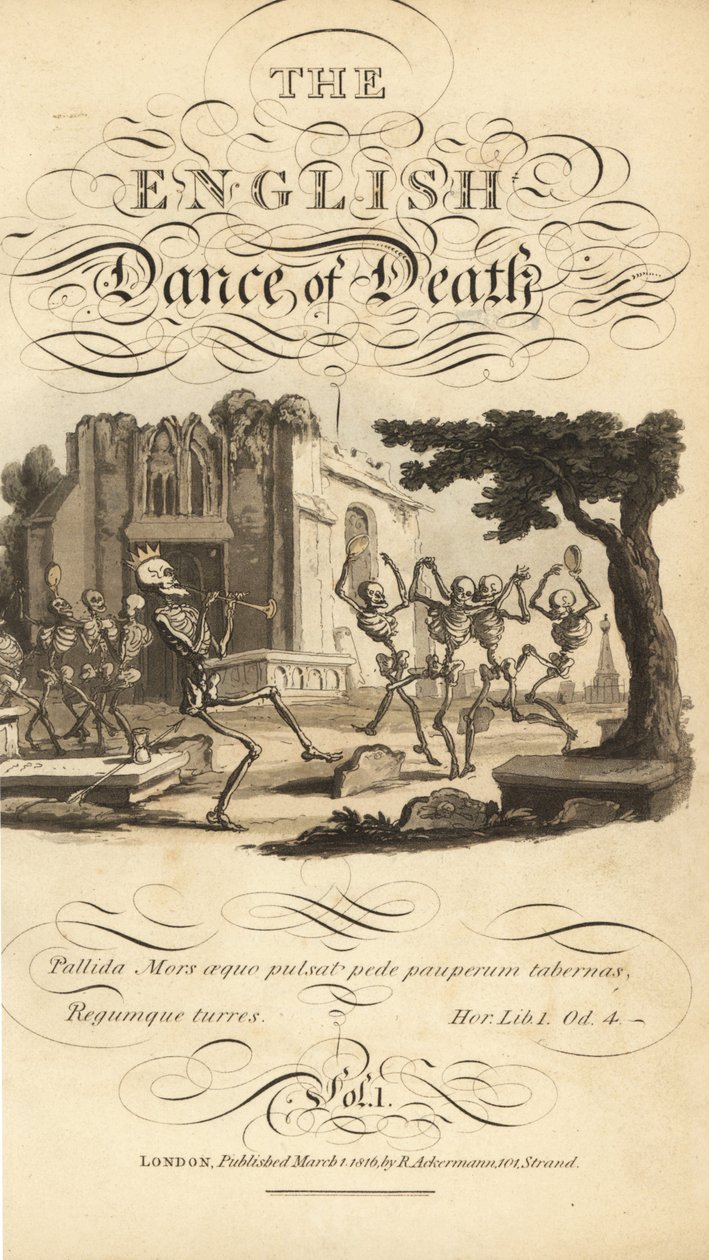 Titolo calligrafico e vignetta di scheletri che danzano con tamburelli e corni in un cimitero vicino a una chiesa in rovina. da Thomas Rowlandson