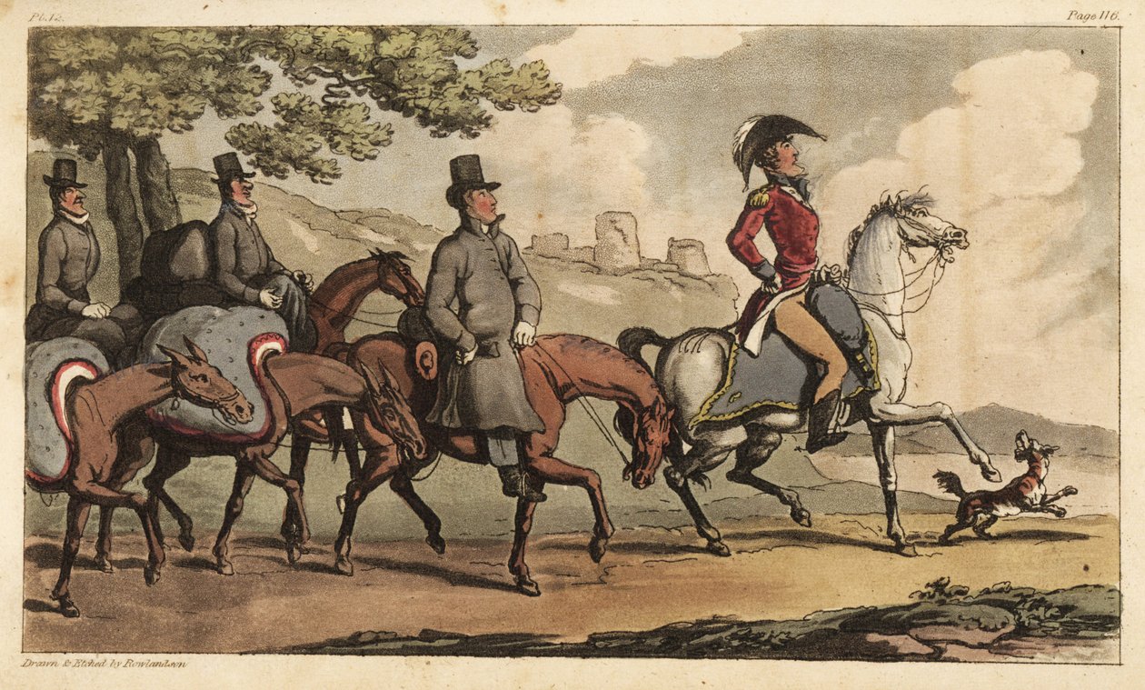 Capitano Johnny Newcome e i suoi servitori con cavalli da soma sulla strada per Santarem, Portogallo, per tornare alla Campagna della Penisola da Thomas Rowlandson