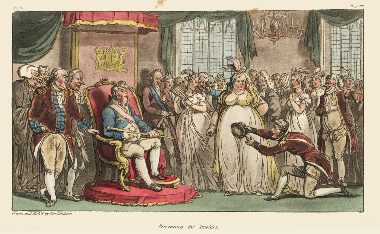 Il capitano Johnny Newcome presenta i trofei di guerra, il cappello di re Giuseppe Bonaparte e il bastone di maresciallo di Jean-Baptiste Jourdan, al principe reggente a Carlton House. Incisione a mano colorata su rame disegnata e incisa da Thomas Rowlands da Thomas Rowlandson