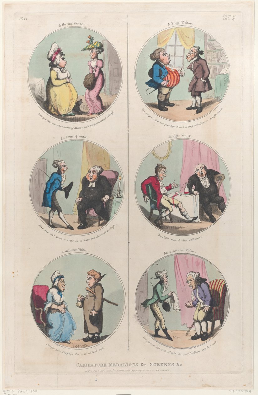 Medaglioni caricaturali per schermi: Un visitatore mattutino, Un visitatore serale da Thomas Rowlandson
