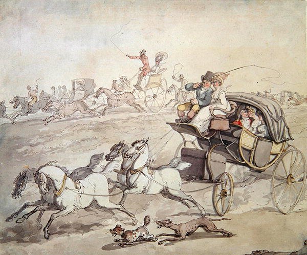Carrozze e Cavalieri a Tutta Velocità Attraverso Prati Aperti, c.1800 da Thomas Rowlandson