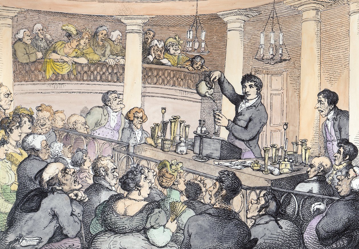 Lezioni di Chimica, c.1809 (colorazione successiva) da Thomas Rowlandson