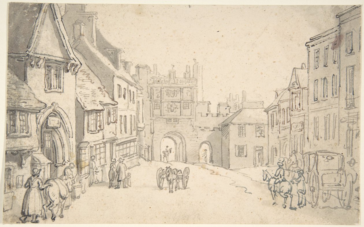 Veduta della città con porta medievale (forse York) da Thomas Rowlandson