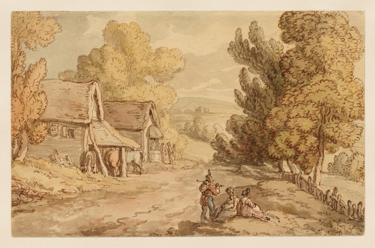 Casetta e fienile con figure a riposo sul ciglio di una strada di campagna da Thomas Rowlandson