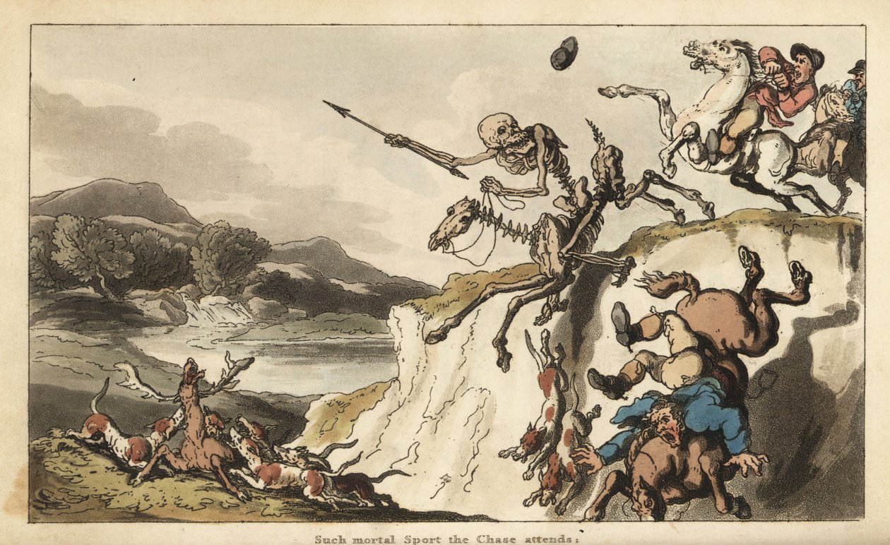 La Morte con il suo dardo su un cavallo scheletrico cavalca su una scogliera mentre un cacciatore sfortunato e i suoi cani cadono alla loro morte. Altri cani da caccia fanno a pezzi un cervo. Incisione colorata a mano disegnata e incisa da Thomas Rowlandso da Thomas Rowlandson