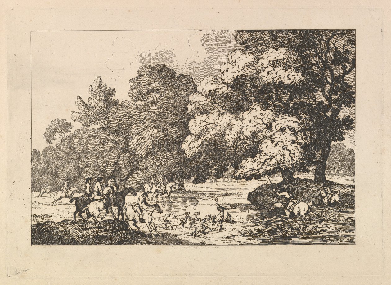 Caccia al cervo – Paesaggio con cervo e segugi in un fiume da Thomas Rowlandson
