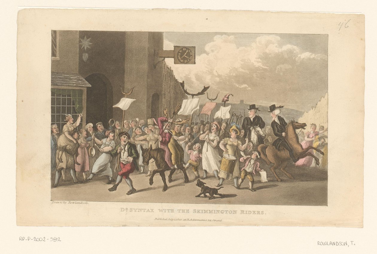 Il dottor Syntax cavalca il suo cavallo al seguito di un charivari da Thomas Rowlandson