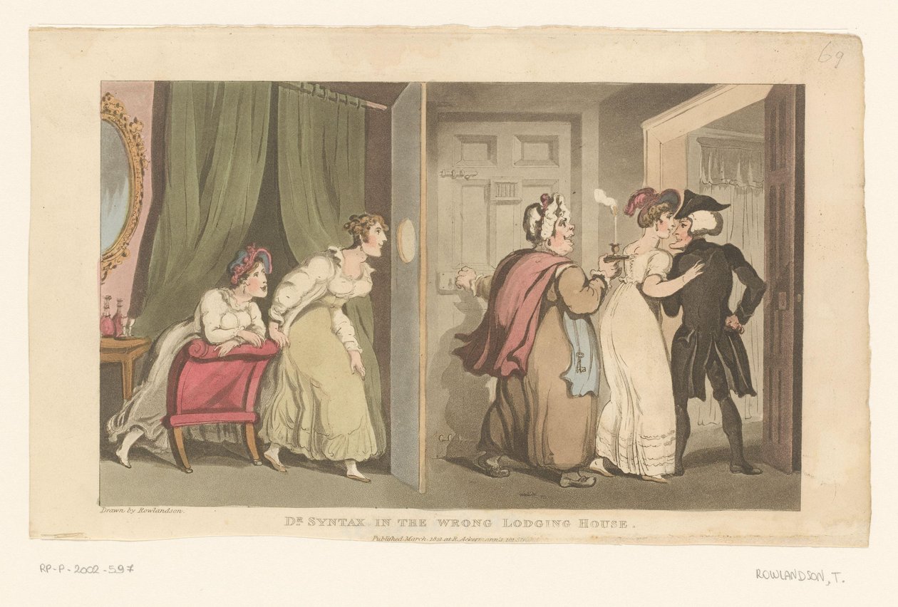 Il dottor Syntax viene accompagnato verso una porta da due donne da Thomas Rowlandson