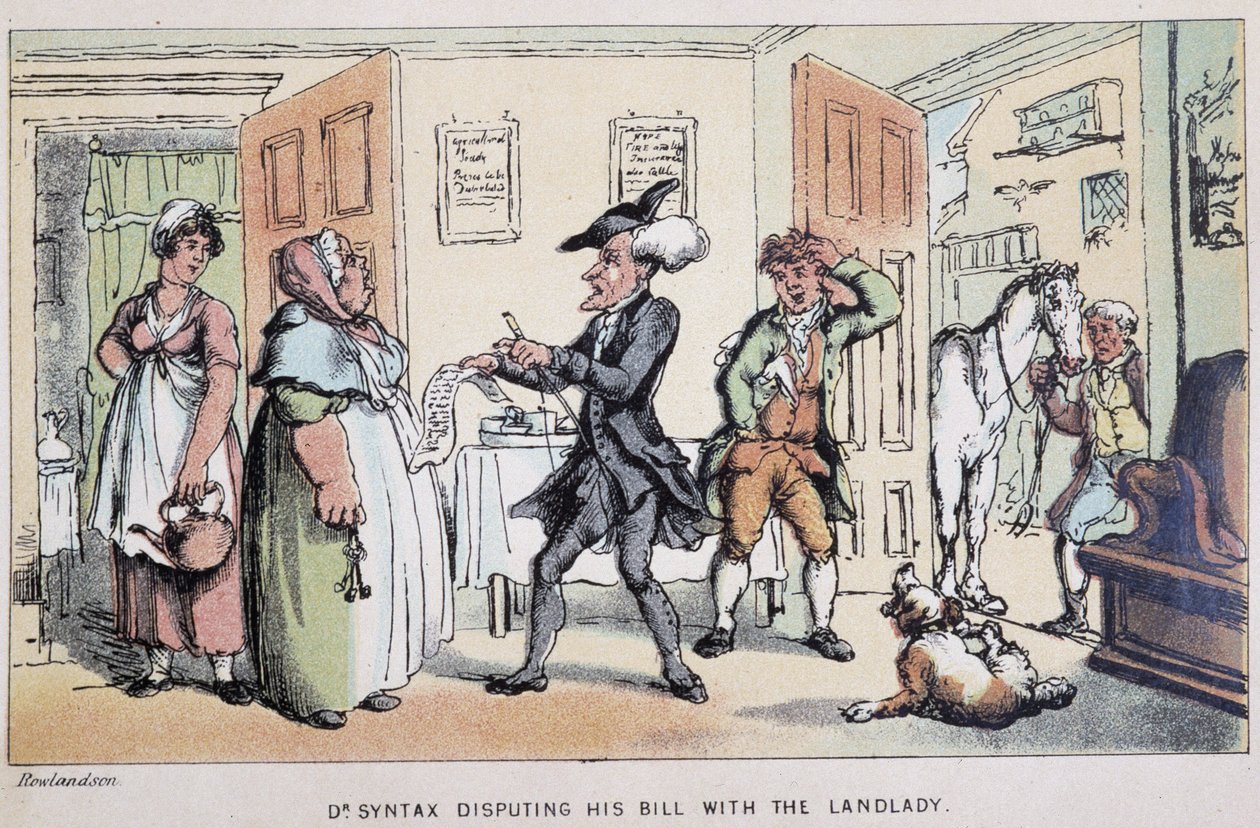 Il dottore che disputa un conto (in un hotel?) - in "I tre viaggi del dottor Syntax: alla ricerca del pittoresco, della consolazione e di una moglie" di William Combe, ill. Rowlandson da Thomas Rowlandson