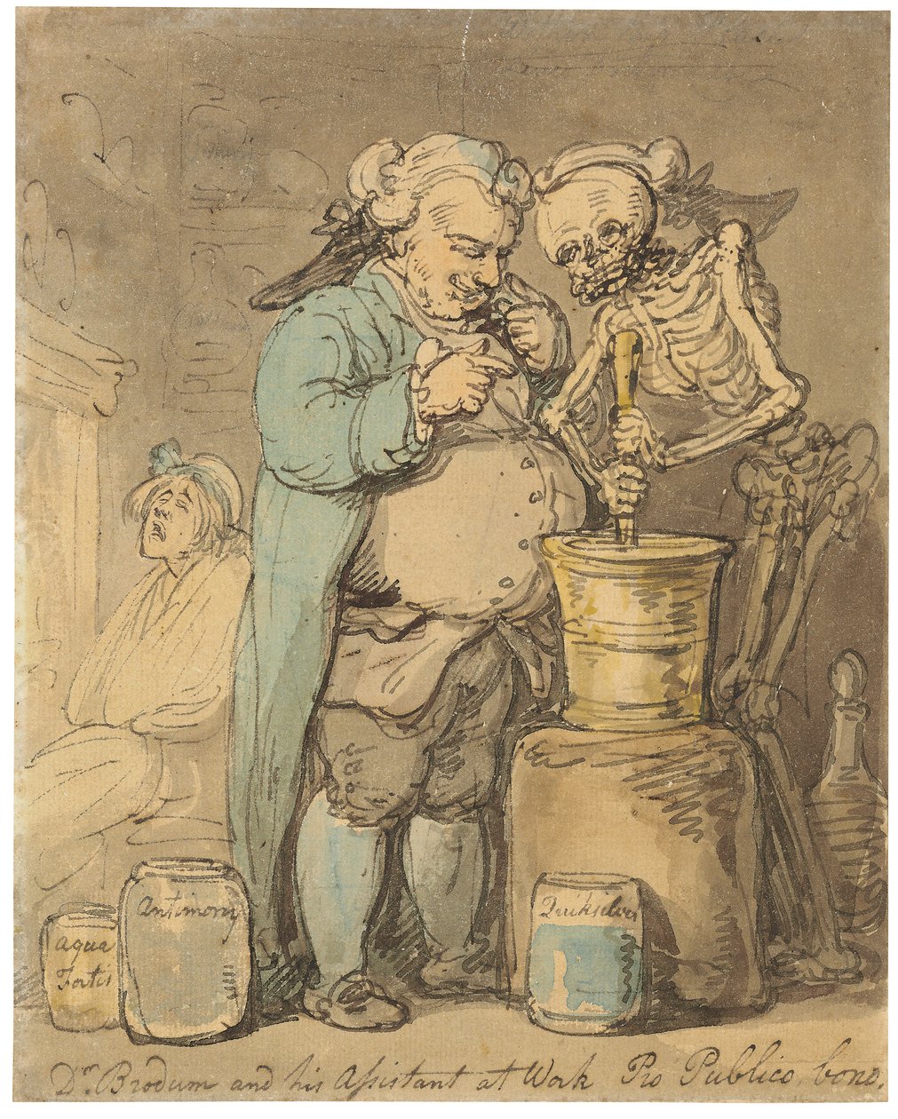 Dr. Brodum e il suo assistente al lavoro Pro Bono Publico da Thomas Rowlandson