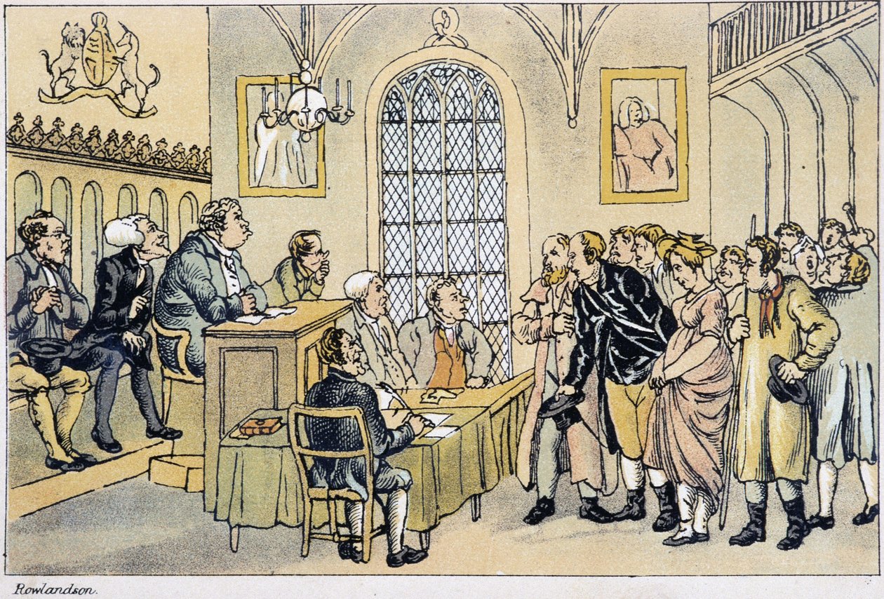 Il dottor Syntax davanti alla Corte di Giustizia - in "I tre viaggi del dottor Syntax alla ricerca del pittoresco, della consolazione e di una moglie" di W. Combe, ill. di Rowlandson, Londra, Hotten da Thomas Rowlandson