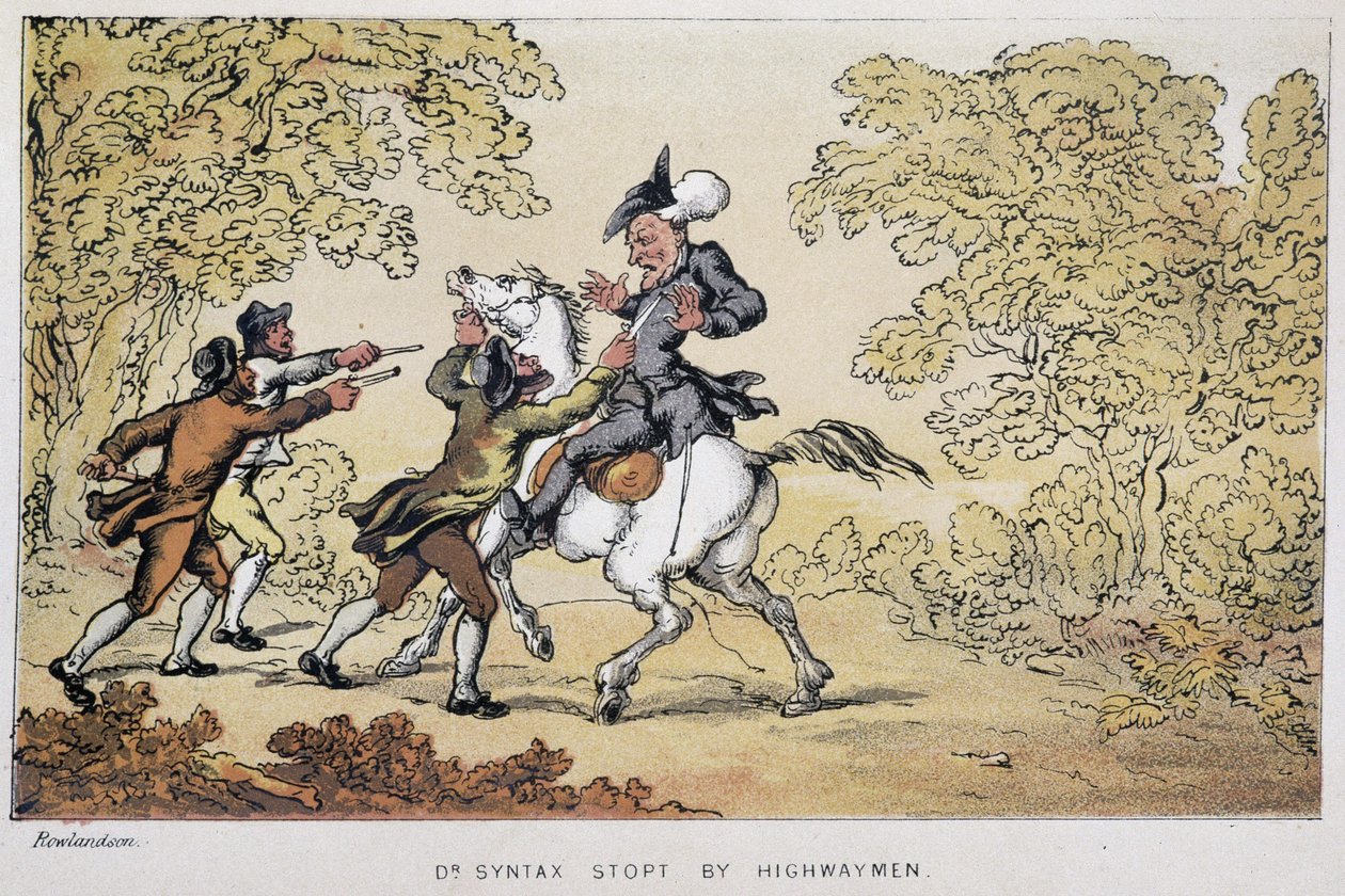 Il dottor Syntax fermato dai banditi - in "I tre viaggi del dottor Syntax: alla ricerca del pittoresco, della consolazione e di una moglie" di William Combe, ill. Rowlandson da Thomas Rowlandson