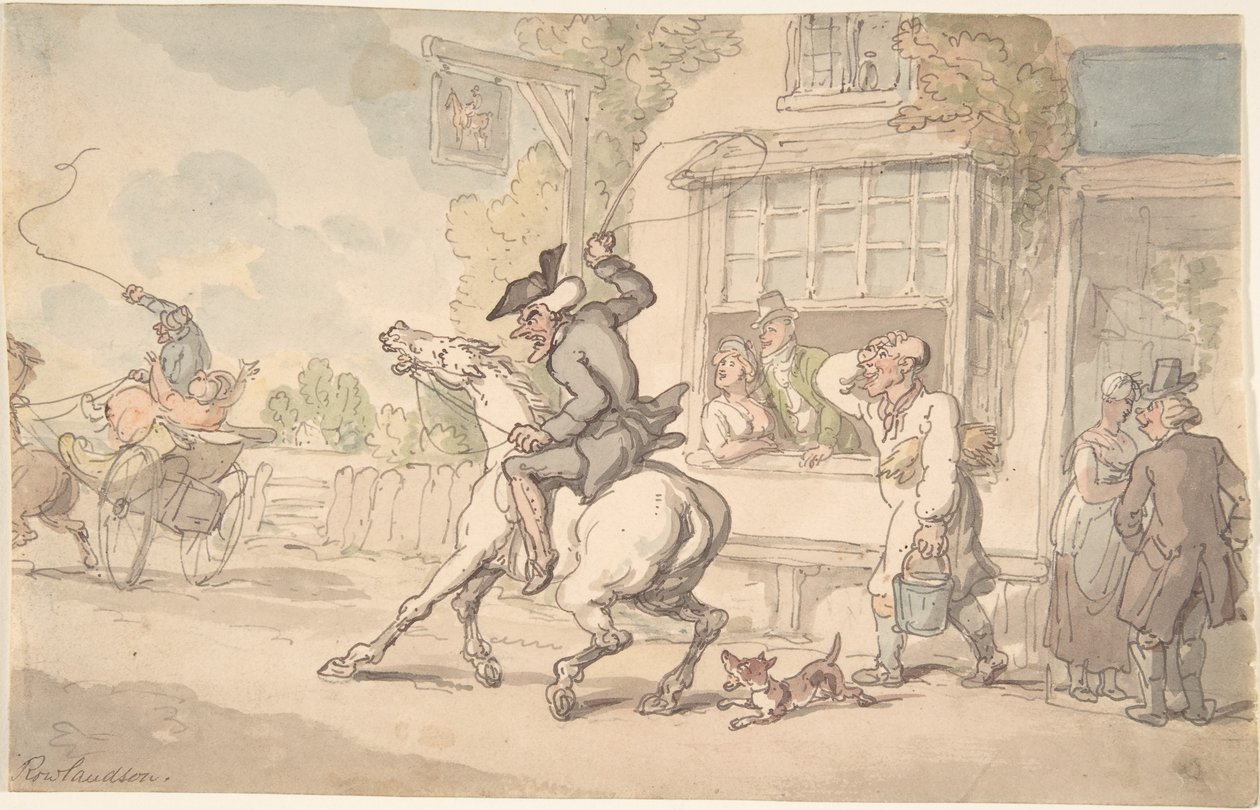 Il dottor Syntax con un cavallo recalcitrante davanti a una locanda da Thomas Rowlandson
