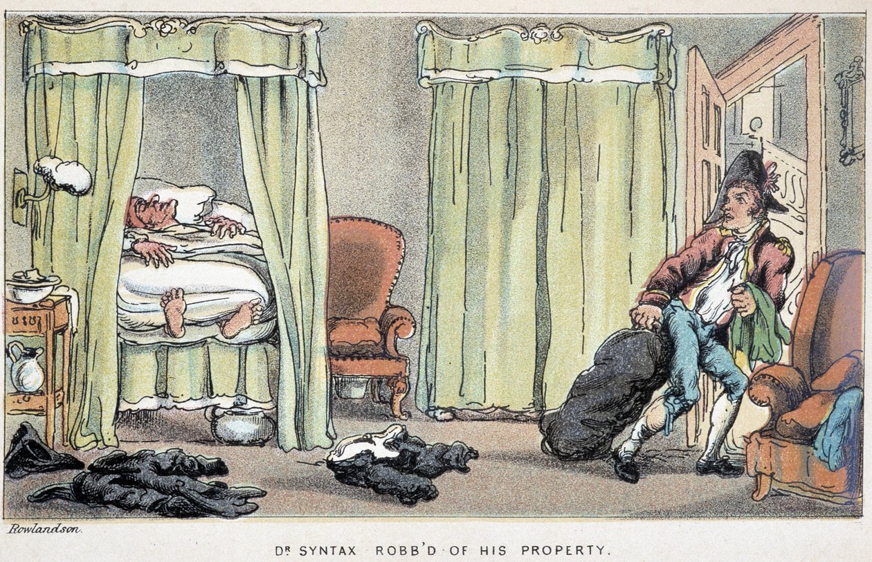 La casa del dottor Syntax svaligiata mentre dorme - in "I tre viaggi del dottor Syntax: alla ricerca del pittoresco, della consolazione e di una moglie" di William Combe, ill. Rowlandson da Thomas Rowlandson