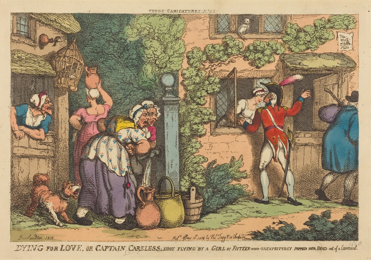 Morte per amore, ovvero Il capitano Careless colpito al volo da una ragazza di quindici anni, che all’improvviso sporse la testa da una finestra a battente da Thomas Rowlandson