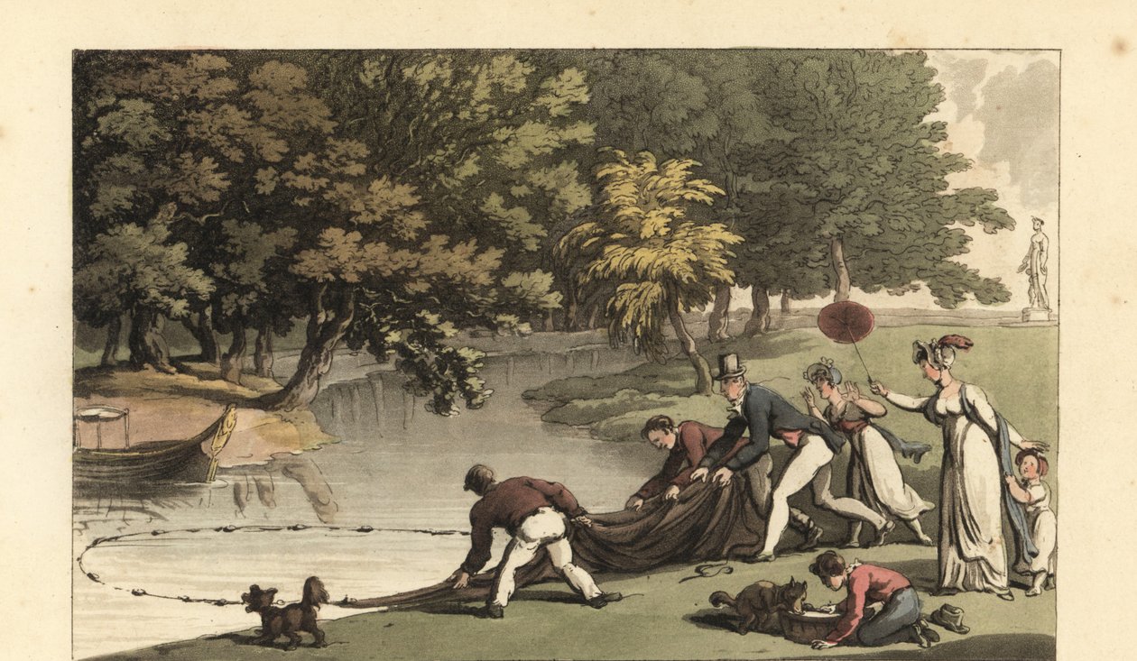 Gentiluomo inglese e personale che pescano in un fiume da Thomas Rowlandson