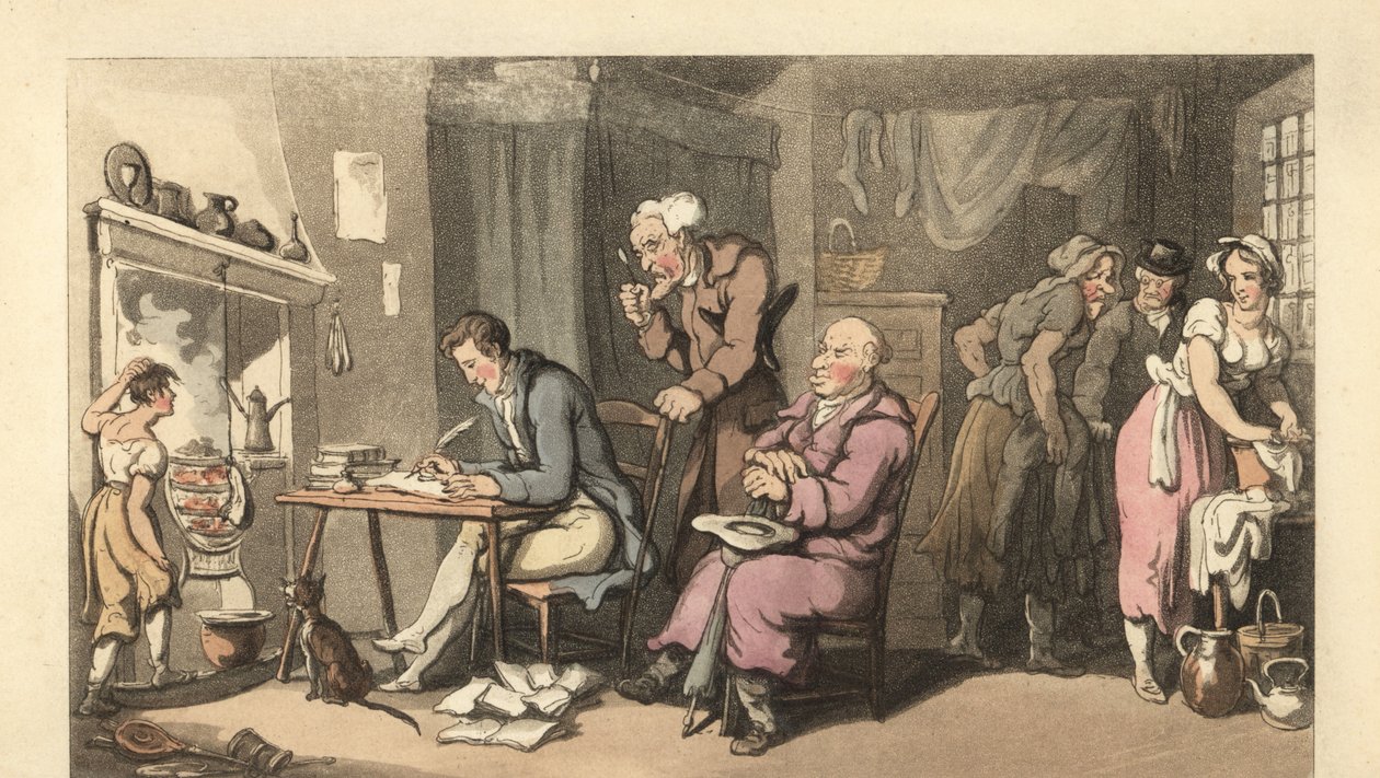 Gentiluomo inglese che scrive una lettera di supplica in un salotto decrepito da Thomas Rowlandson
