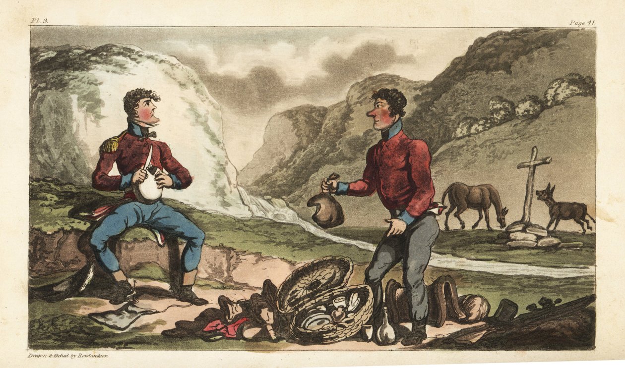 Ensign Johnny Newcome e il suo subalterno che fanno colazione con prosciutto, manzo, biscotti e brandy lungo una strada in Portogallo da Thomas Rowlandson