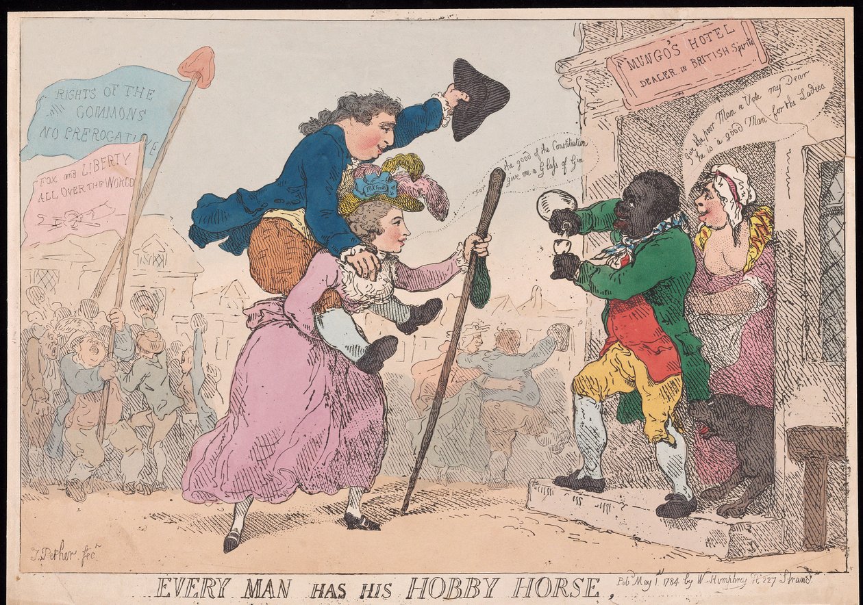 Ogni uomo ha il suo cavallo a dondolo, pub. 1784 (incisione colorata a mano) da Thomas Rowlandson