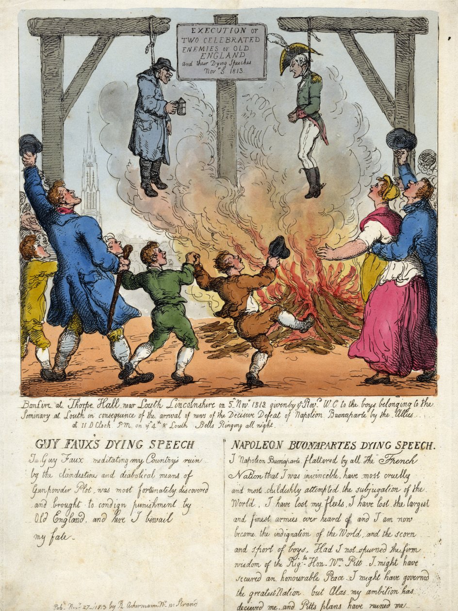 Esecuzione di due famosi nemici della vecchia Inghilterra, Guy Fawkes e Napoleone Buonaparte - Il loro ultimo discorso, sulla forca. 1813. da Thomas Rowlandson