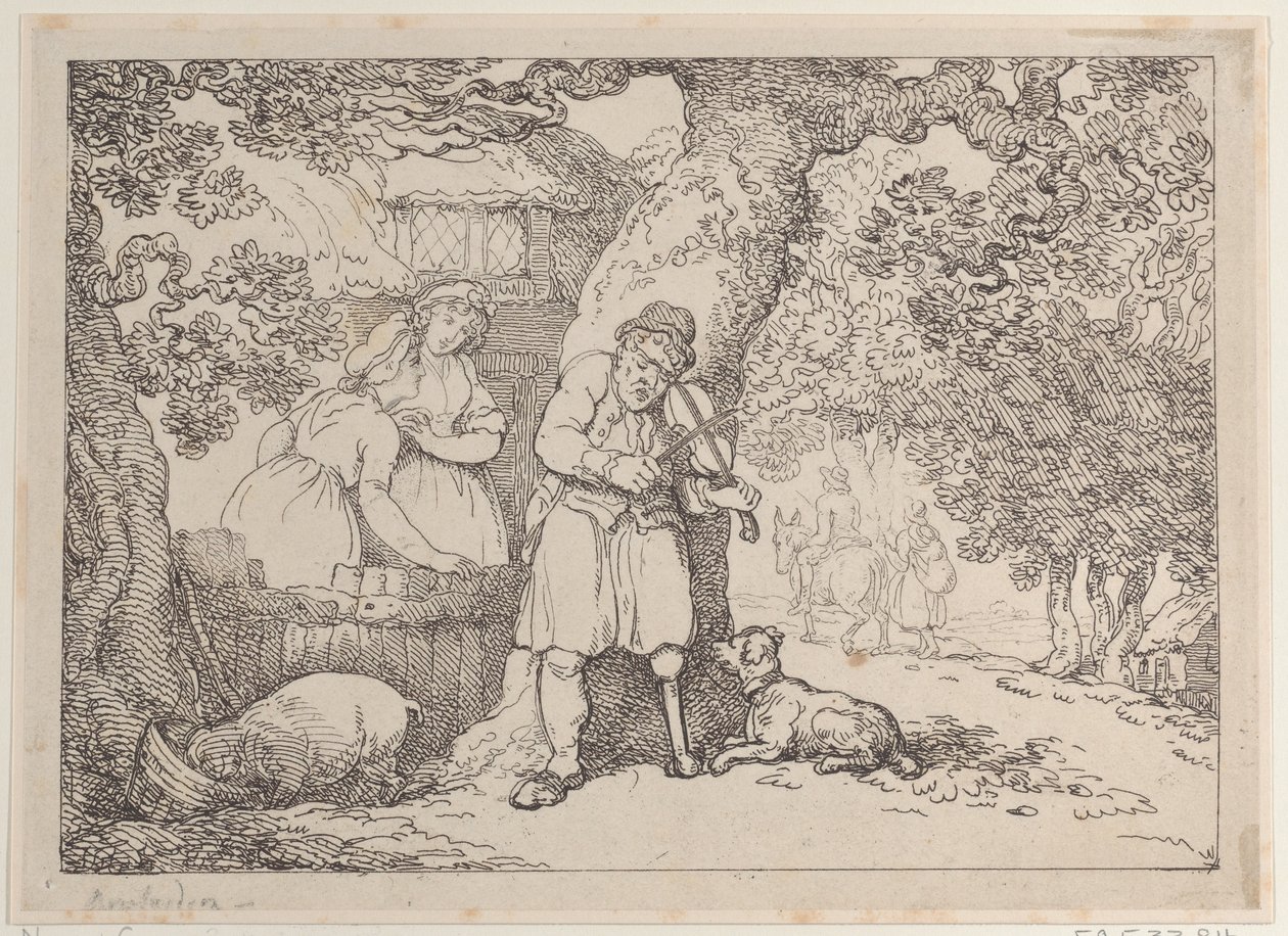 Violinista, marinaio, due donne e un maiale vicino a un cottage, 1816 da Thomas Rowlandson