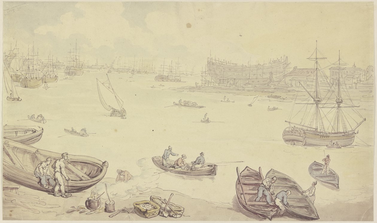 Fiume con molte navi e un cantiere navale da Thomas Rowlandson