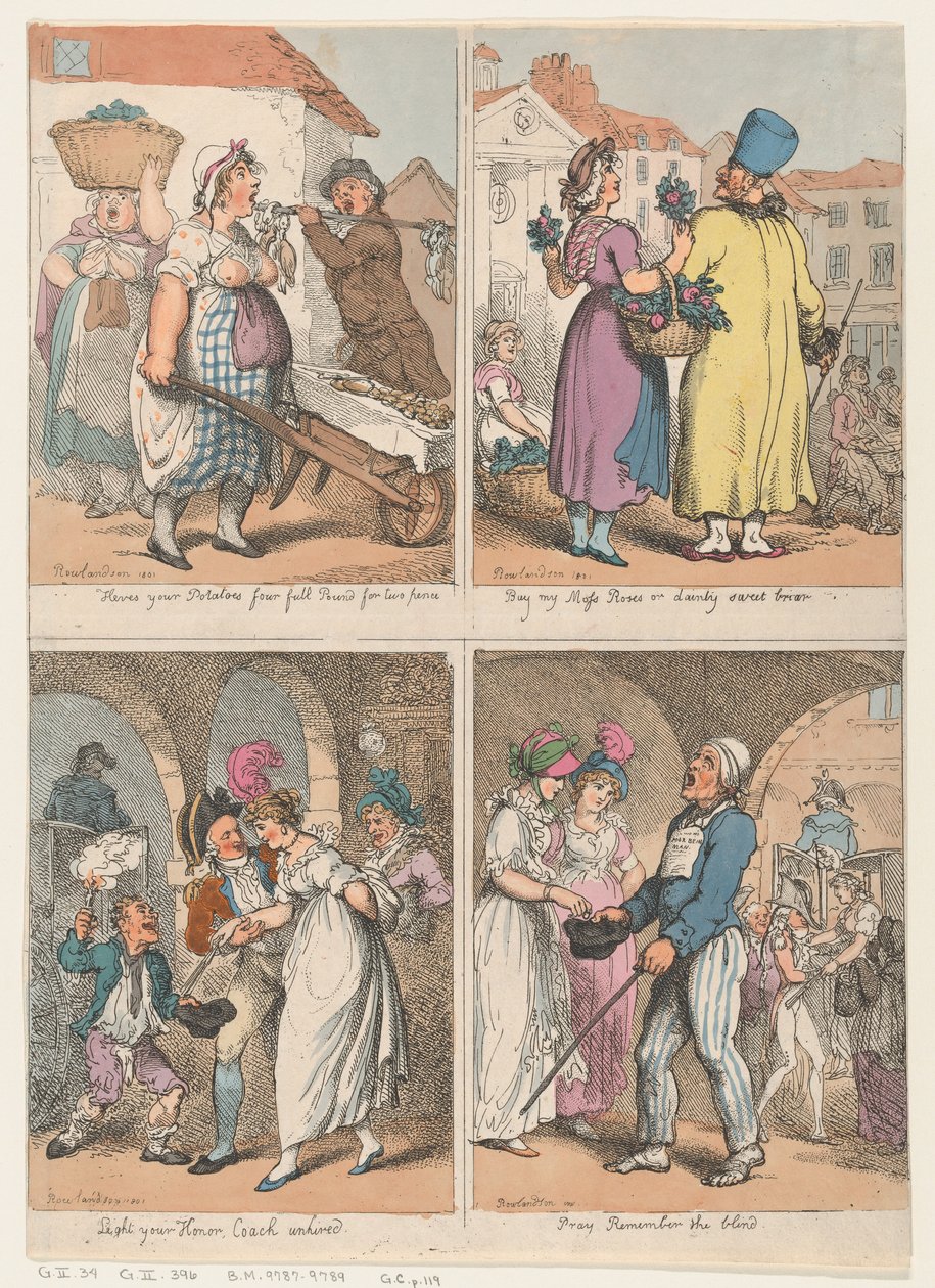 Quattro scene dalla serie Cries of London: Ecco le tue patate..., Compra il mio muschio... da Thomas Rowlandson