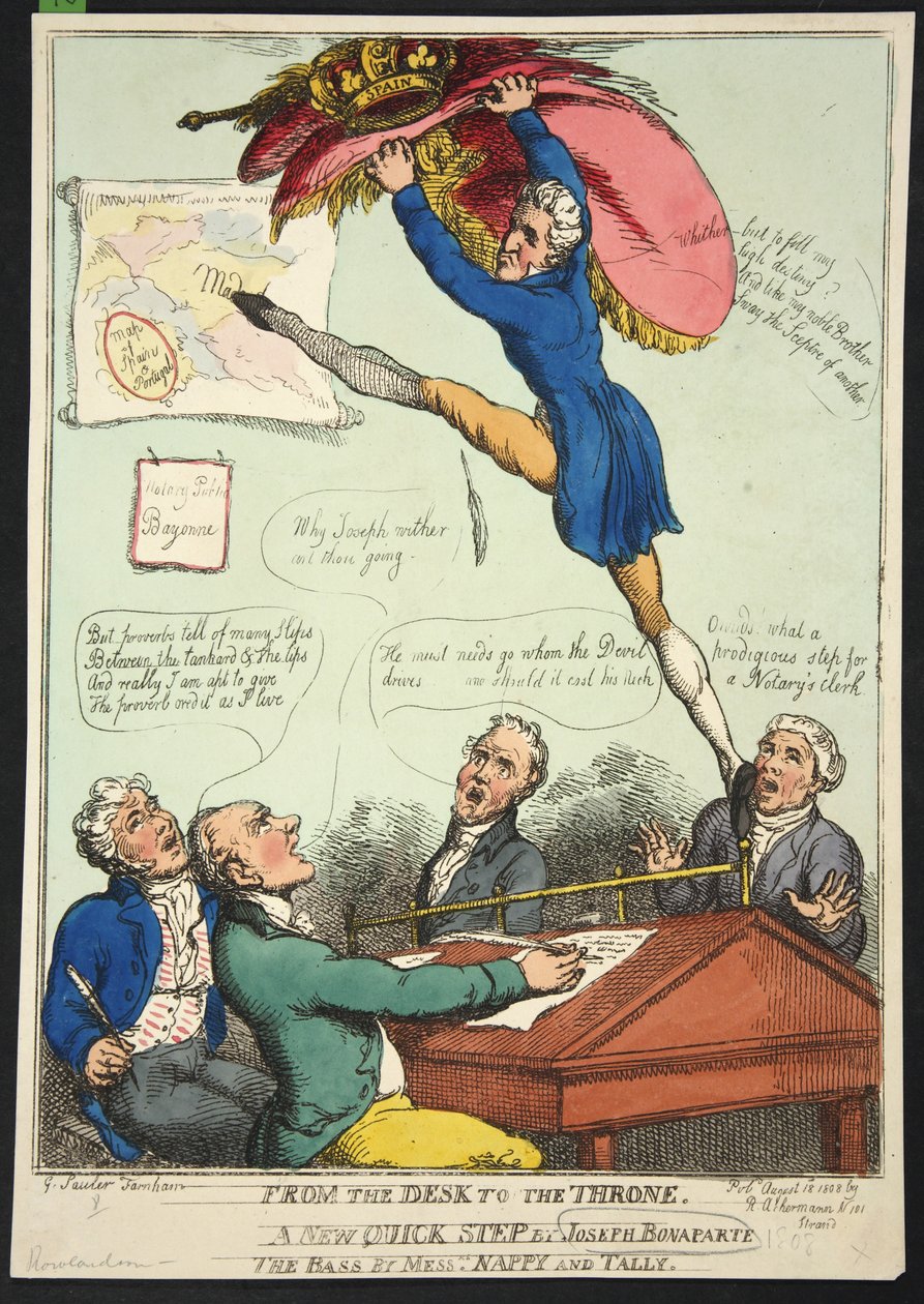 Dalla scrivania al trono. Un nuovo passo veloce di Joseph Bonaparte. Il basso di Messrs Nappy e Talley, pub. 1808 da Thomas Rowlandson