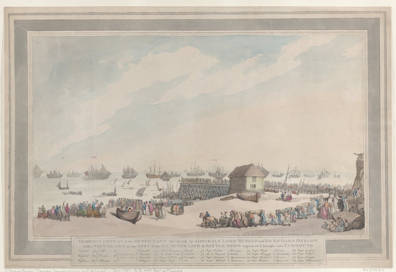 La gloriosa sconfitta della Marina olandese, 10 ottobre 1797, ad opera degli ammiragli Lord Duncan e Sir Richard Onslow, con un disegno realizzato sul posto delle sei navi da guerra olandesi catturate e condotte a Yarmouth da Thomas Rowlandson