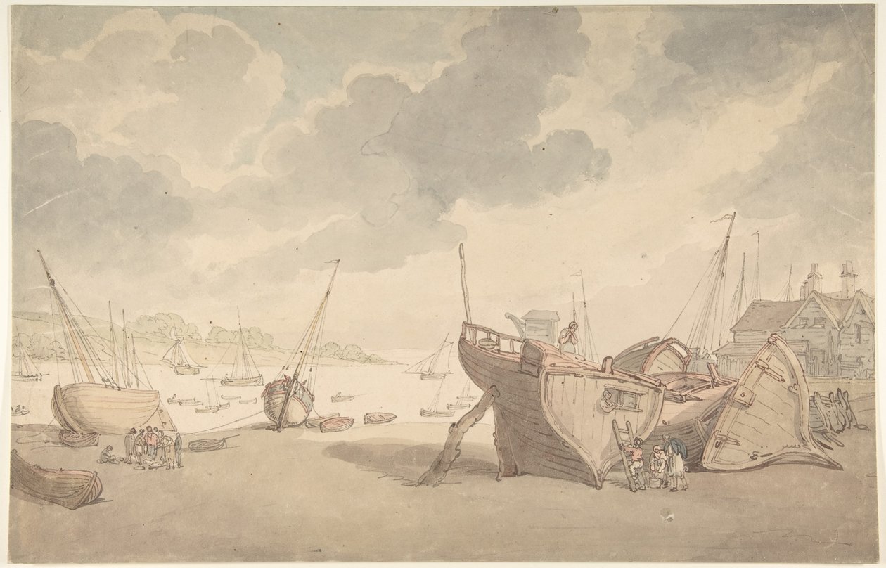 Scena portuale con la bassa marea e barche arenate da Thomas Rowlandson
