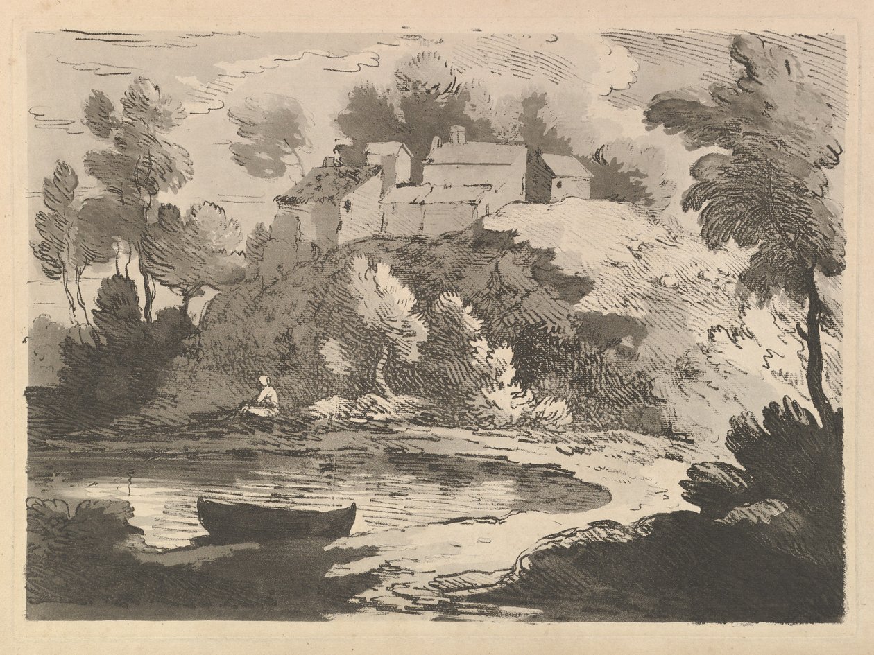 Paesaggio fluviale collinare, una barca in acqua in primo piano a sinistra, una figura sulla riva lontana da Thomas Rowlandson