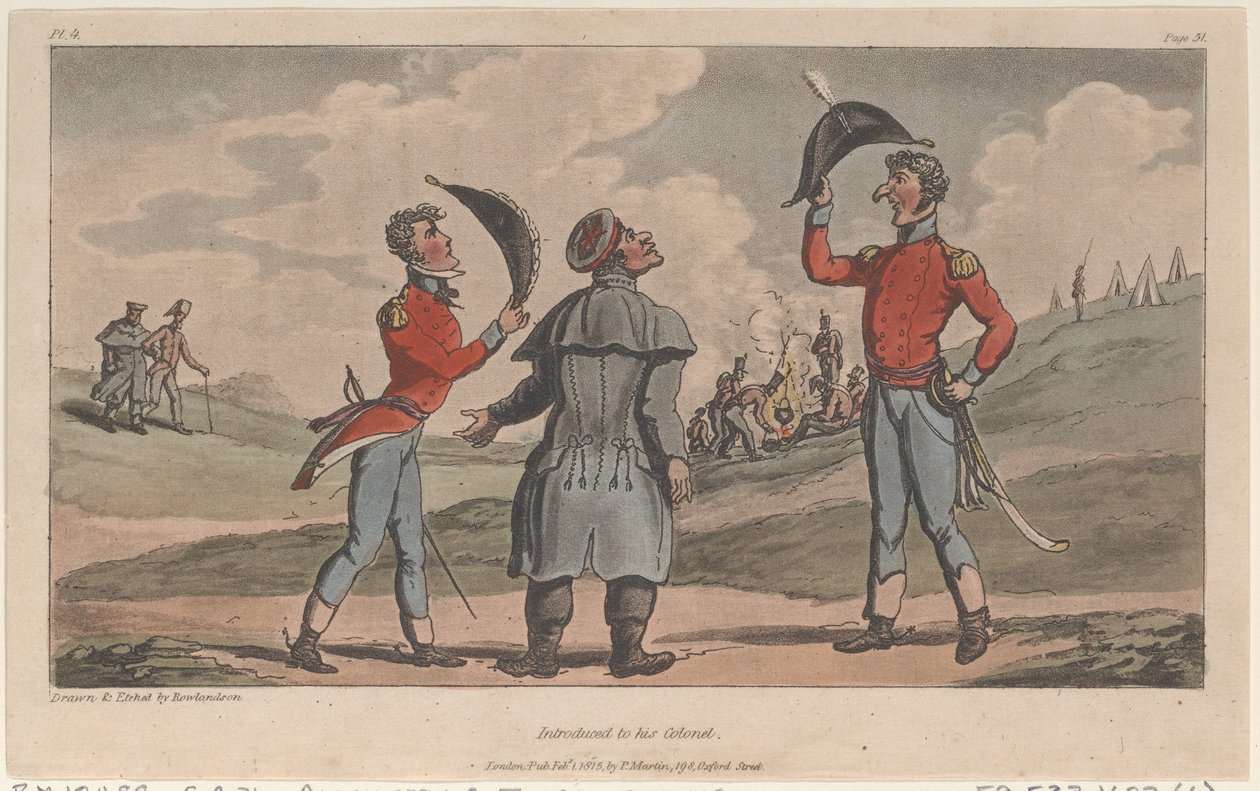 Presentato al suo colonnello, da Le avventure militari di Johnny Newcome, 1815 da Thomas Rowlandson