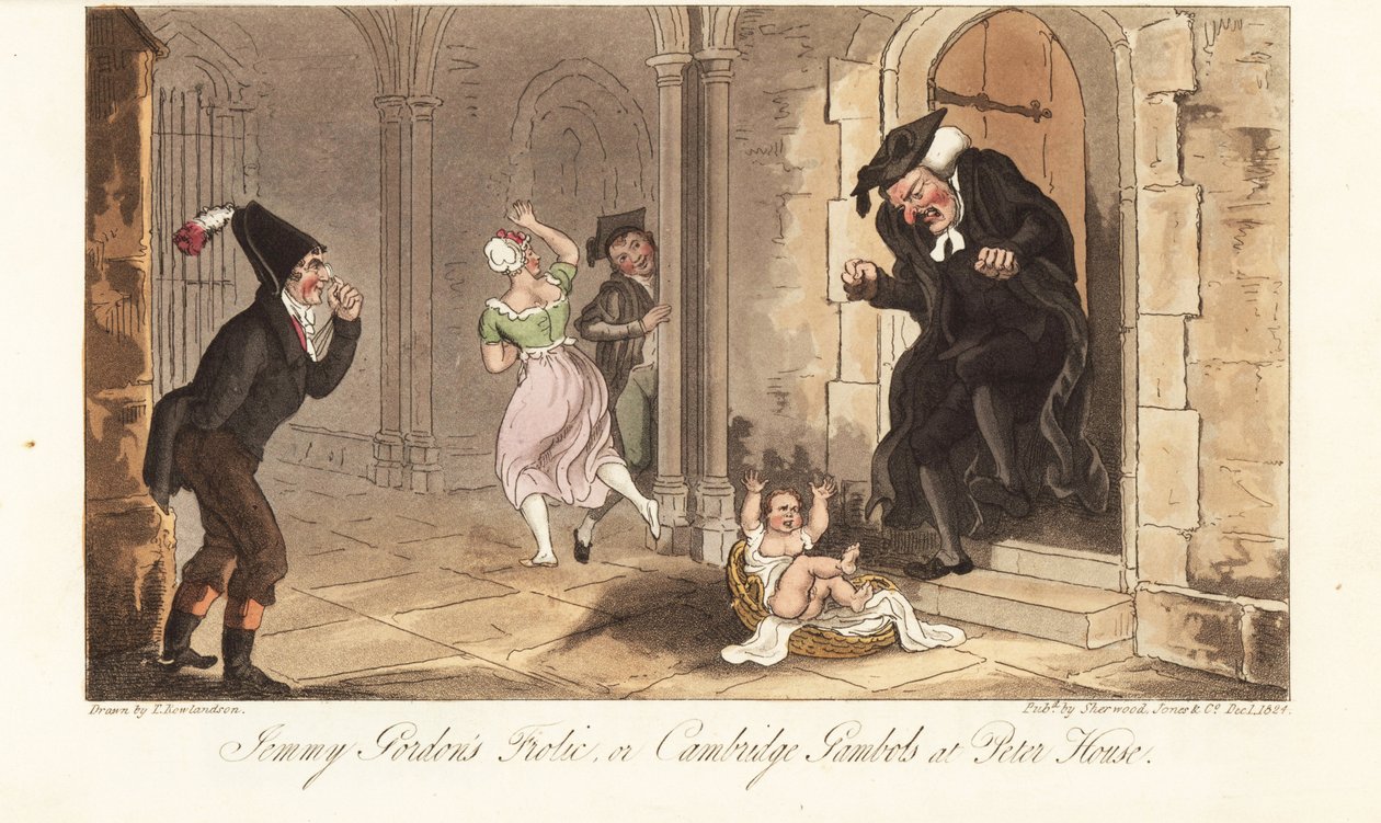 James Gordon, un noto ubriacone di Cambridge, lascia un bambino come scherzo davanti alla casa di un decano del college. Le follie di Jemmy Gordon, o le scorribande di Cambridge a Peter House. Incisione a mano colorata disegnata e incisa da Thomas Rowlands da Thomas Rowlandson