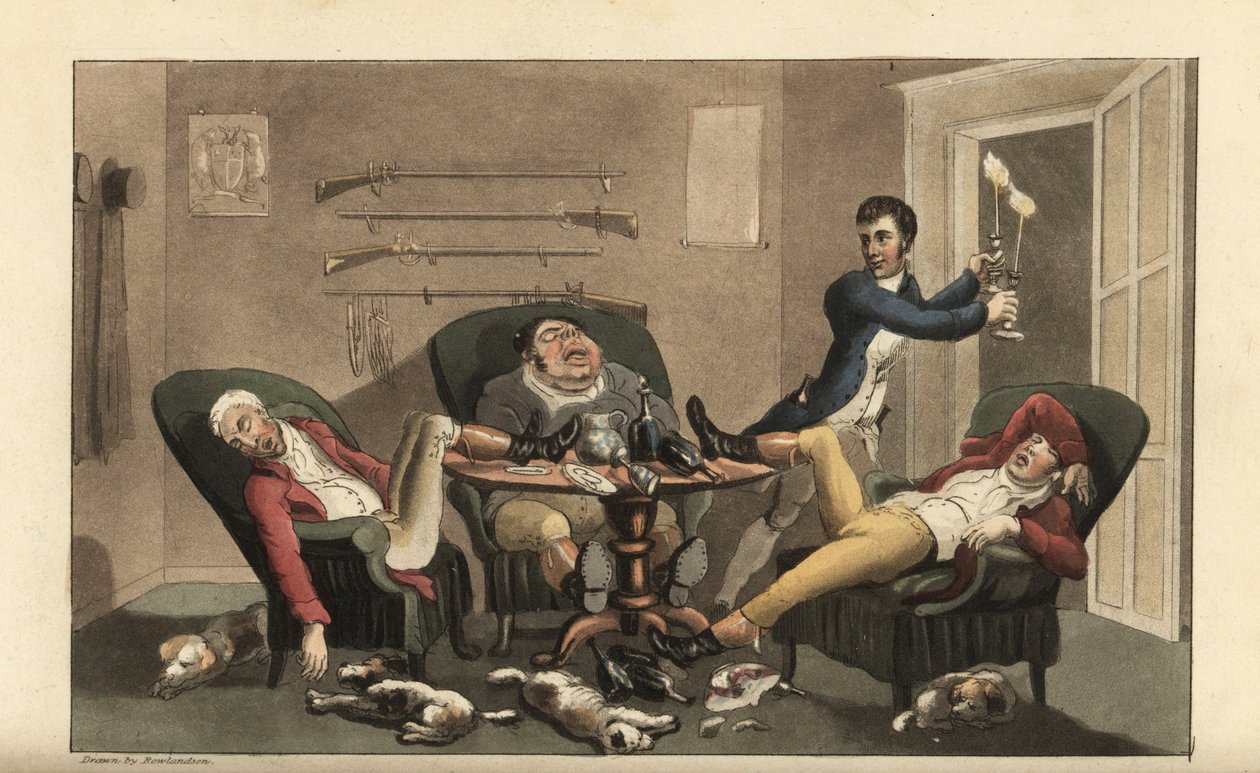 Johnny a una finale sportiva: Johnny con candelabri lascia tre cacciatori ubriachi addormentati in una sala da pranzo con bottiglie di vino vuote e cani addormentati. Incisione a colori di Thomas Rowlandson dal libro di William Combe 